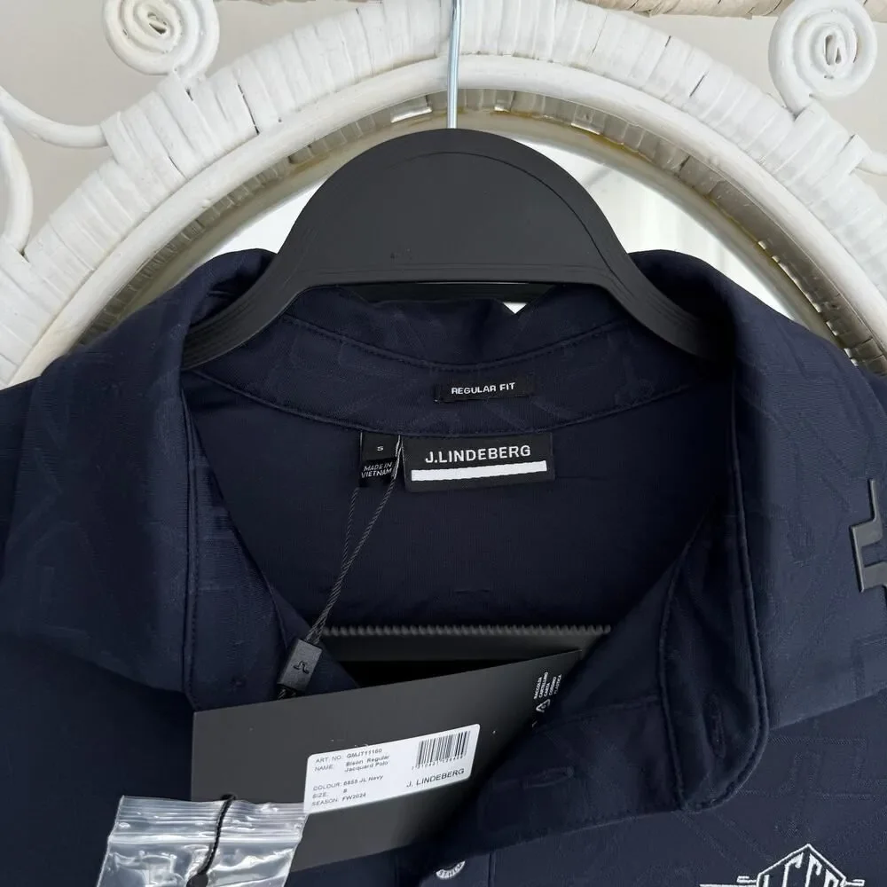 J.Lindeberg Polo Shirt Men Small JL Navy Jacquard Golf Performance La Gorce Club